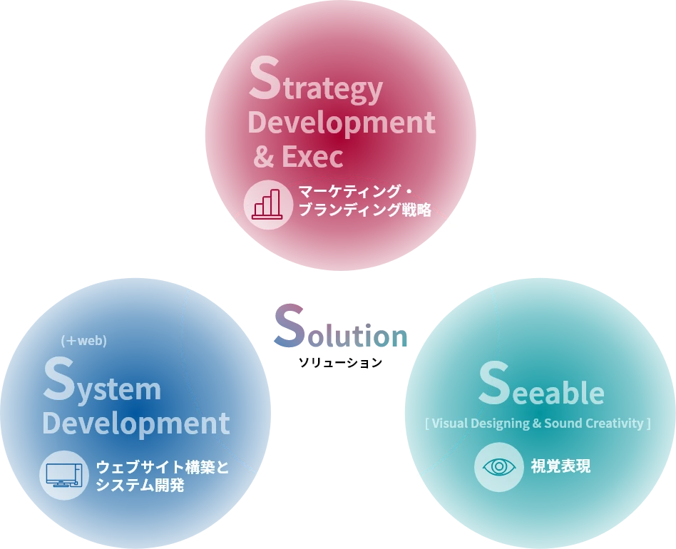 ソリューション(Solution)はマーケティング・ブランディング戦略(Strategy Development & Exec)、視覚表現(Seeable)、ウェブサイト構築とシステム開発(System Development +web)の3つで構成されます。